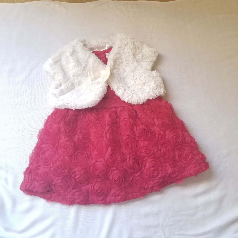 Red dress with white furry shrug